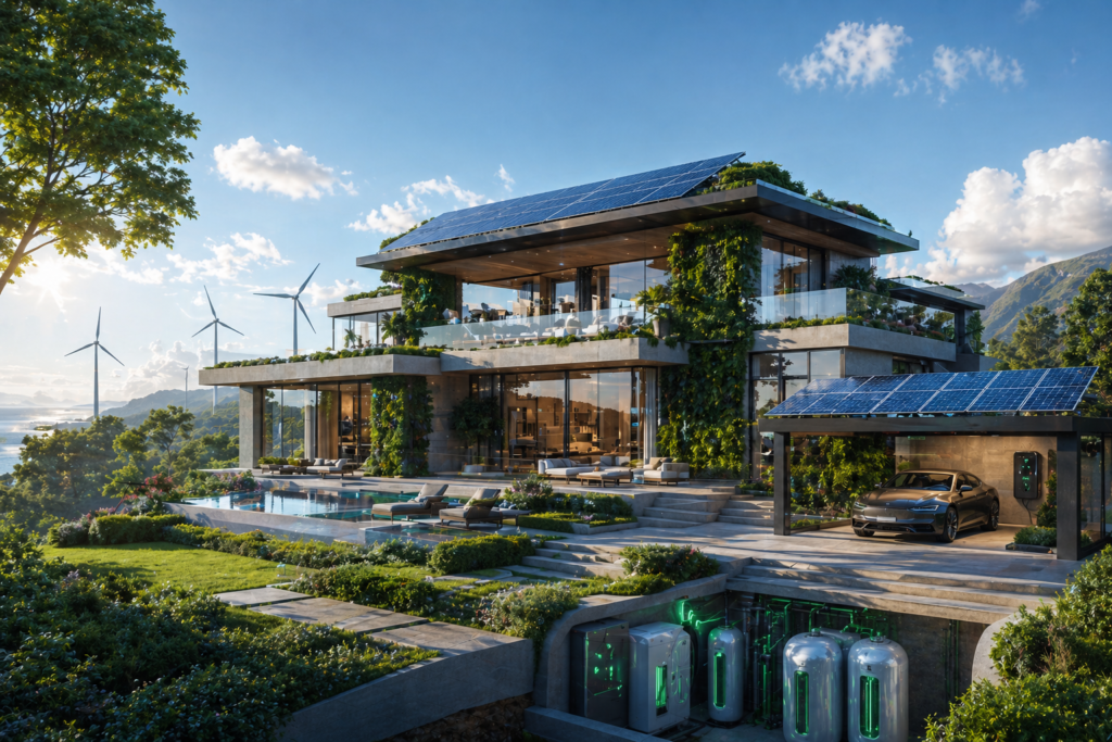 Sustainable Architecture and USA Smart Property with Hydrogen Storage and Solar Glass