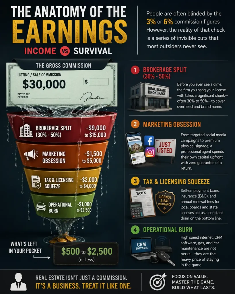 Infographic breakdown of Average Real Estate Agent Income and commission splits