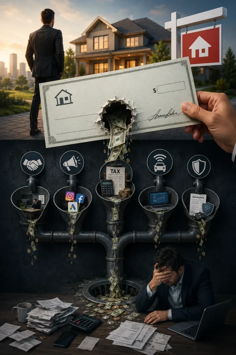 The brutal truth about Average Real Estate Agent Income depicted through a commission drain illustration