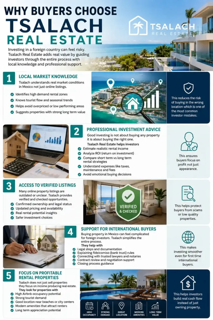 Infographic explaining why buyers choose Tsalach Real Estate for investing in Mexico, featuring local market knowledge, professional advice, and verified listings.