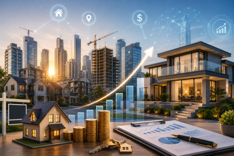Modern PL real estate investment concept with luxury homes commercial buildings and property market growth