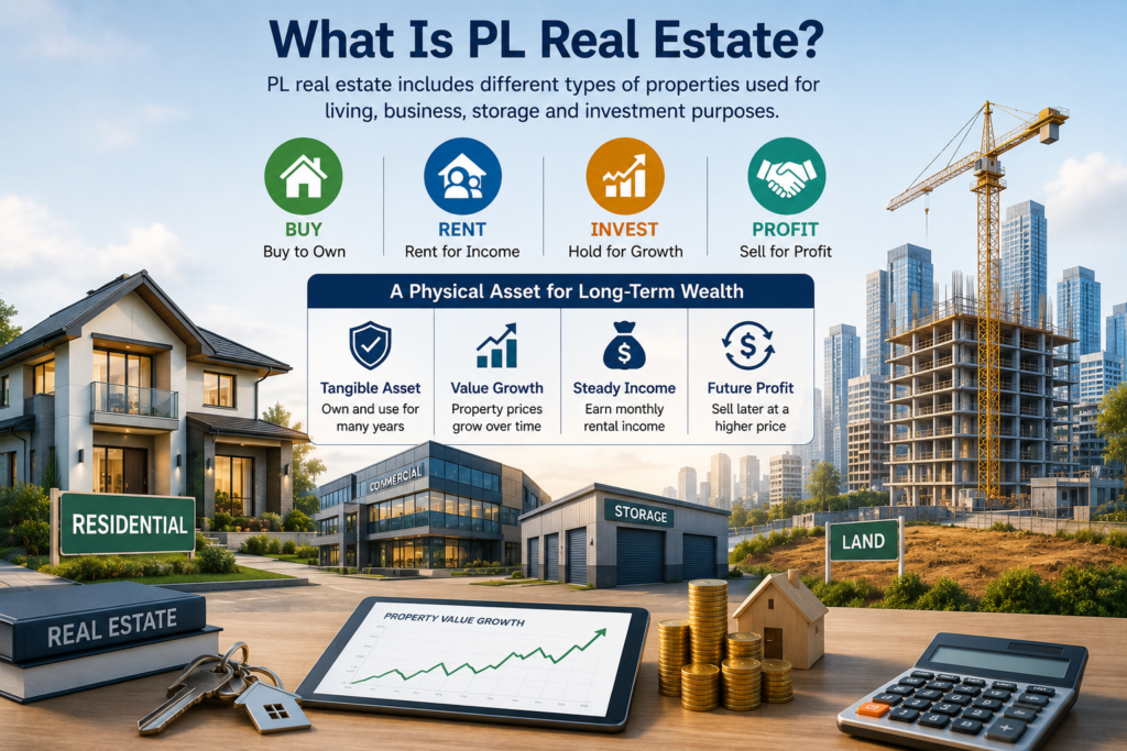 Modern PL real estate concept showing residential commercial industrial properties and land investment opportunities