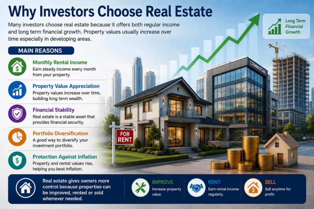 Modern real estate investment concept showing rental income property growth financial stability and commercial buildings