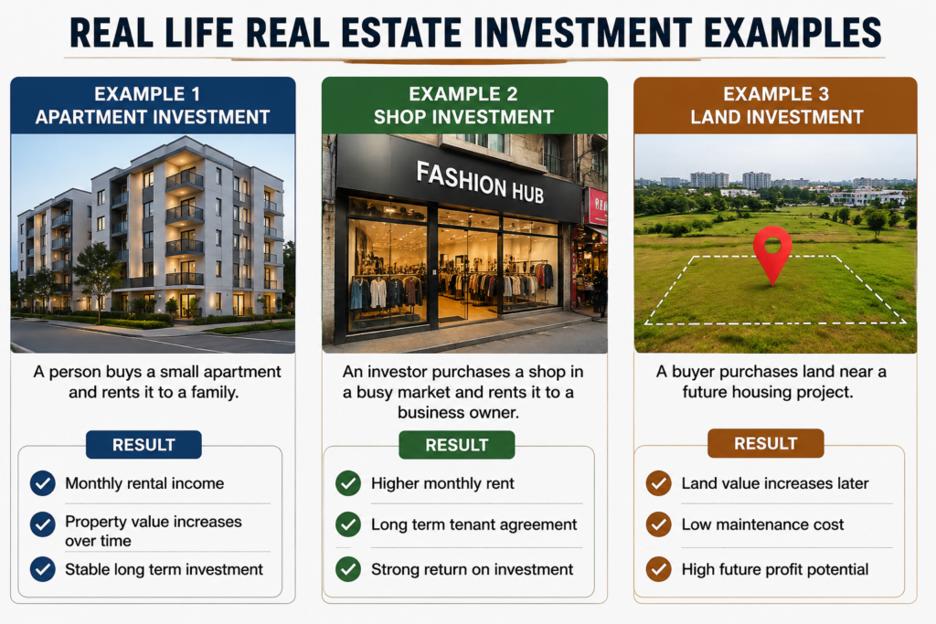 Infographic showing three real estate investment examples including apartment investment, shop investment, and land investment with benefits like rental income, property appreciation, and long term profit potential.