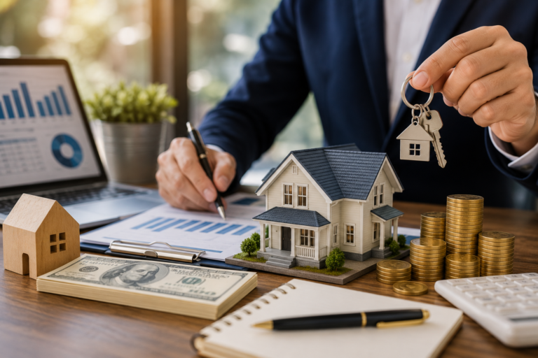 Professional real estate broker showing house keys with property documents, money, calculator, and home model on office desk.