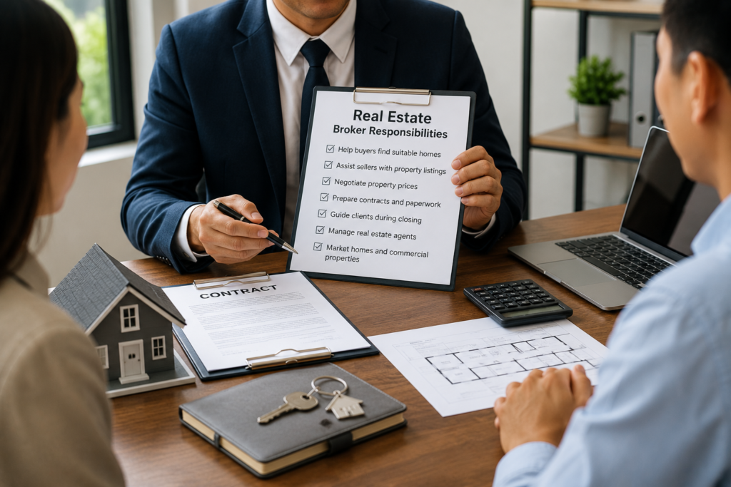 Professional real estate broker explaining property documents and home buying process to clients in a modern office.