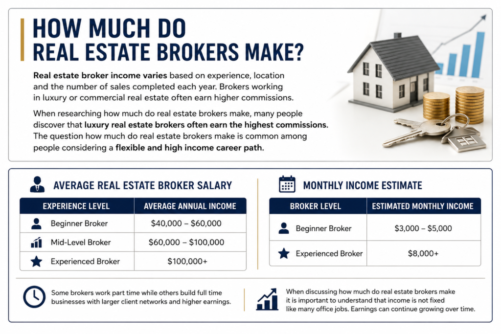 Infographic showing real estate broker salary estimates, monthly income ranges, and career growth opportunities in the real estate industry.