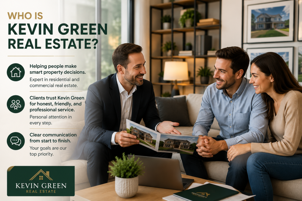 Professional real estate agent Kevin Green meeting with a happy couple in a modern office while discussing property buying and selling solutions.