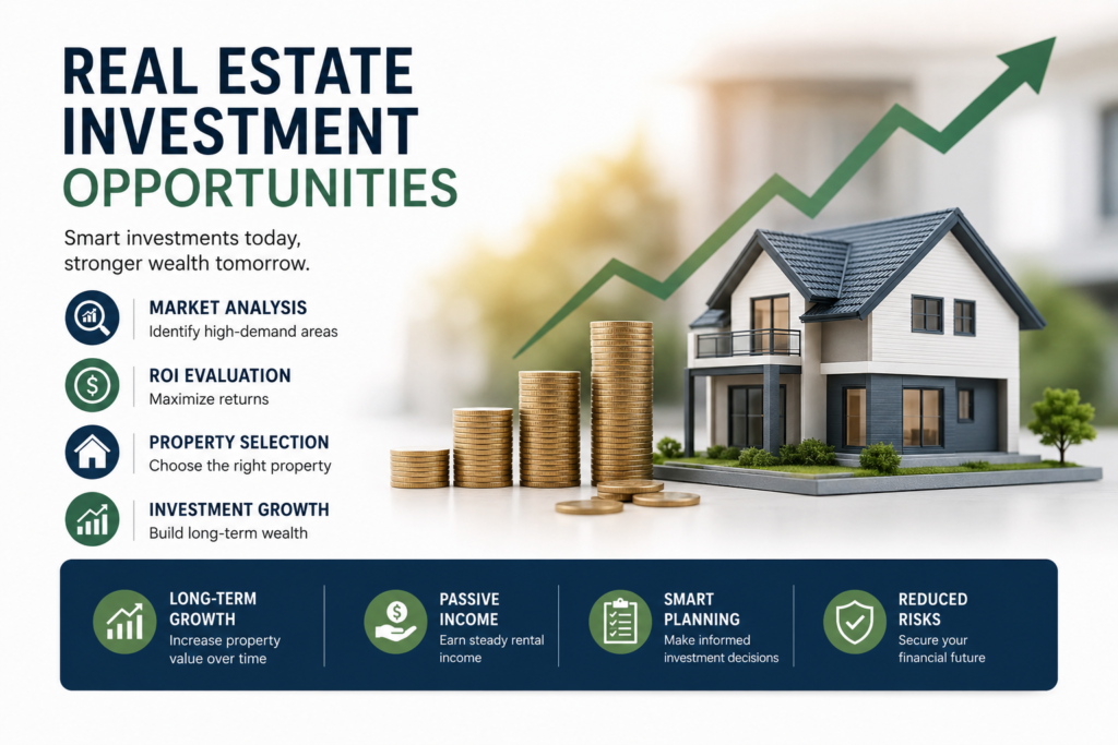 Modern real estate investment infographic featuring a house model, rising financial growth chart, stacked coins, and property investment services by Kevin Green Real Estate.