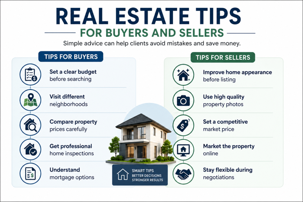 Modern real estate infographic showing helpful buying and selling tips with house illustration and property guidance icons.