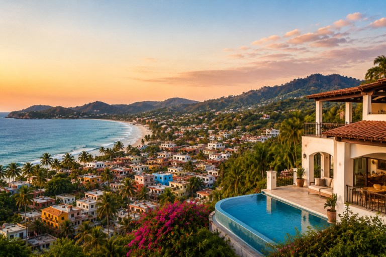 Luxury ocean-view villa overlooking Sayulita Mexico beach town at sunset with tropical coastline and modern homes.