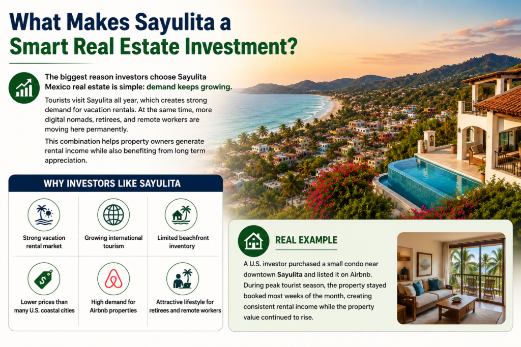 Infographic showing Sayulita Mexico real estate investment benefits with luxury villas, beachfront homes, Airbnb demand, and growing tourism.