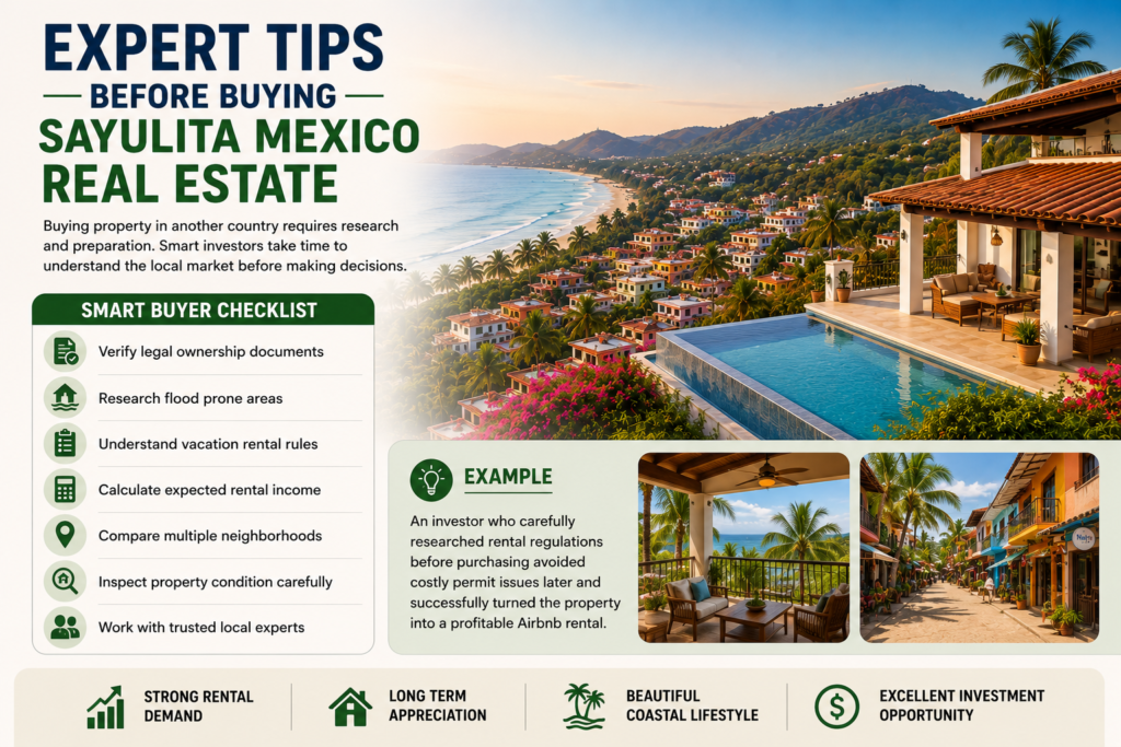 Real estate investment checklist infographic featuring luxury Sayulita homes, property inspection tips, and Airbnb investment guidance.
