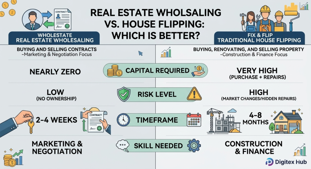 Comparison table between real estate wholesaling and traditional house flipping