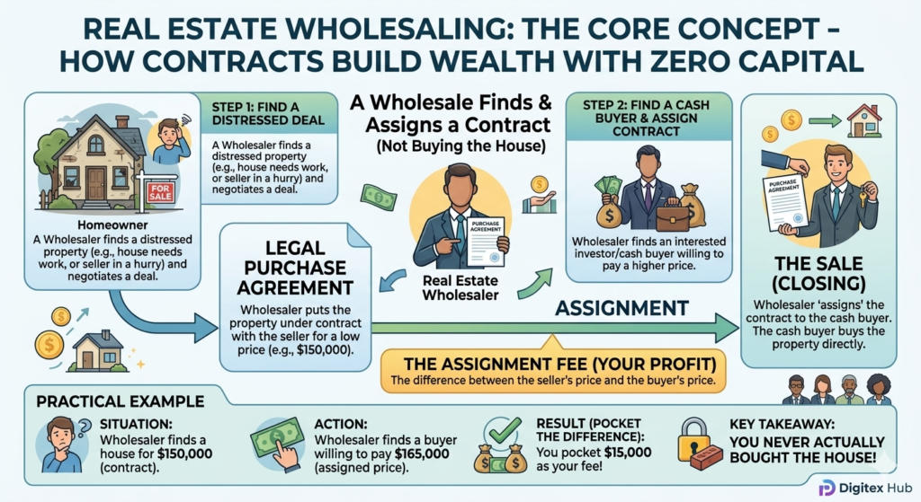 Real estate wholesaling core concept flowchart explaining assignment fees and contracts
