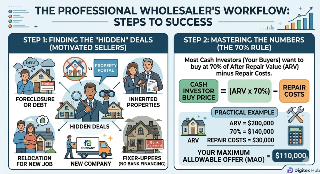 Professional real estate wholesaling workflow and 70 percent rule calculation infographic