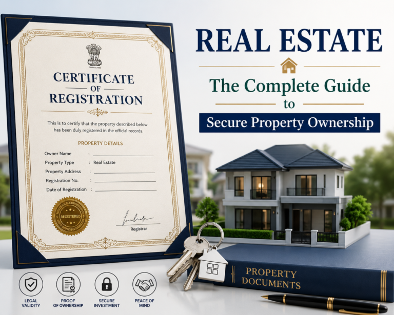 Certificate of Registration Real Estate document displayed beside a modern house model and property keys, representing secure property ownership, legal registration, and real estate documentation.