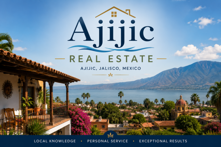 Ajijic Real Estate in Ajijic Jalisco Mexico An elevated aerial perspective of the historic central church plaza, stone bell tower, and lakeside neighborhoods stretching out to Lake Chapala.
