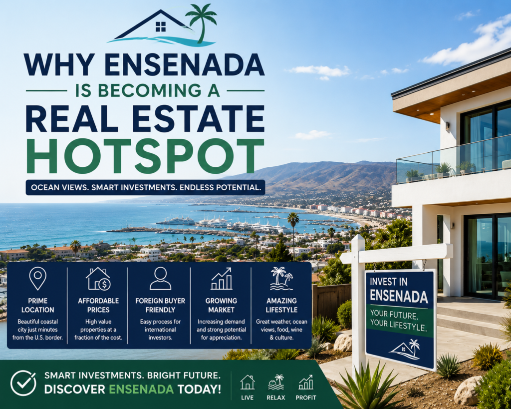 Ensenada Mexico Real Estate showcased in a promotional image featuring a luxury coastal home, stunning ocean views, and investment highlights that explain why Ensenada is becoming a real estate hotspot.