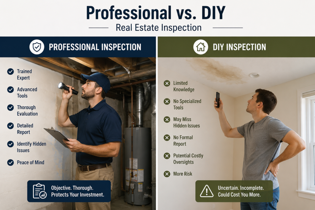 Professional inspector examining a home's basement with specialized tools compared to a homeowner performing a DIY inspection, illustrating the benefits of professional services to Inspect Real Estate properties.
