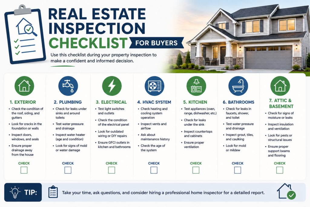 Inspect Real Estate home inspection checklist for buyers showing exterior, plumbing, electrical, HVAC, kitchen, bathroom, and attic inspection points before purchasing a property.
