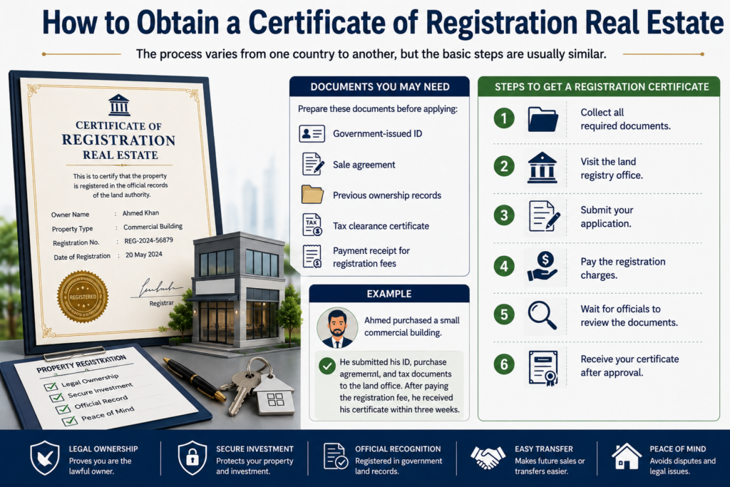 Infographic explaining how to obtain a Certificate of Registration Real Estate, including required documents, application steps, land registry office process, registration fees, and certificate approval.