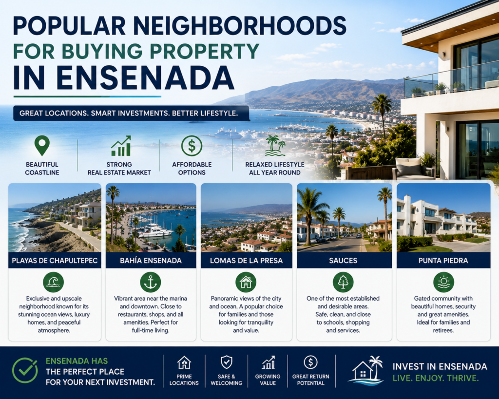 Ensenada Mexico Real Estate infographic showcasing popular neighborhoods for buying property in Ensenada, including coastal communities, marina districts, luxury residential areas, and investment-friendly locations with ocean views.