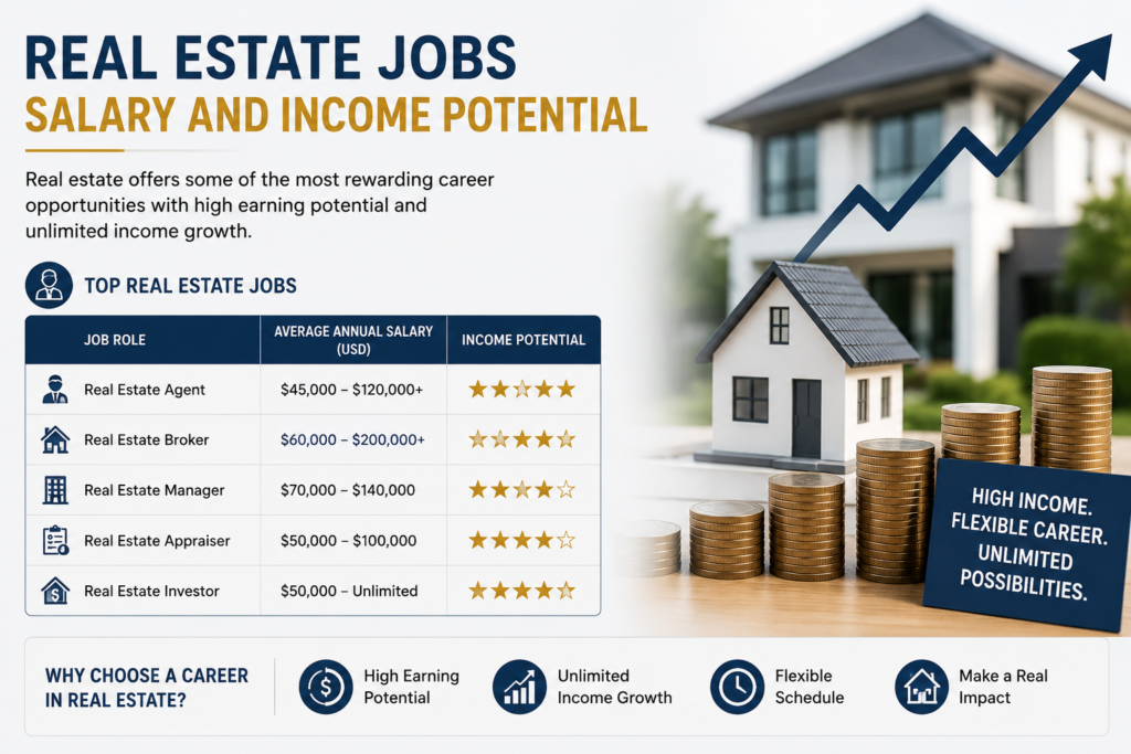 Real Estate Jobs infographic showing salary ranges, income potential, career opportunities, house model, stacked coins, and financial growth chart.