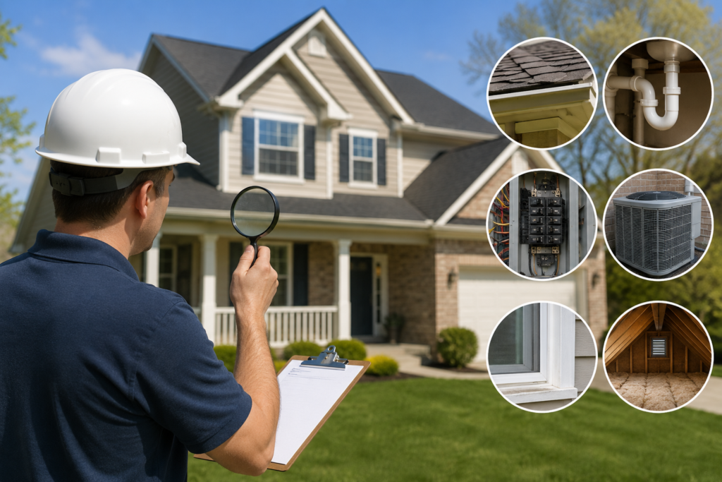 Professional home inspector evaluating a residential property with a checklist while examining key components such as roofing, plumbing, electrical systems, HVAC equipment, windows, and attic areas to inspect real estate before purchase.