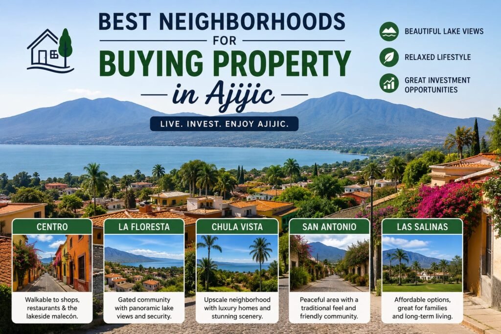 Ajijic Real Estate in Ajijic Jalisco Mexico infographic showcasing the best neighborhoods for buying property, including Centro, La Floresta, Chula Vista, San Antonio, and Las Salinas, set against a beautiful aerial view of Lake Chapala and mountains.