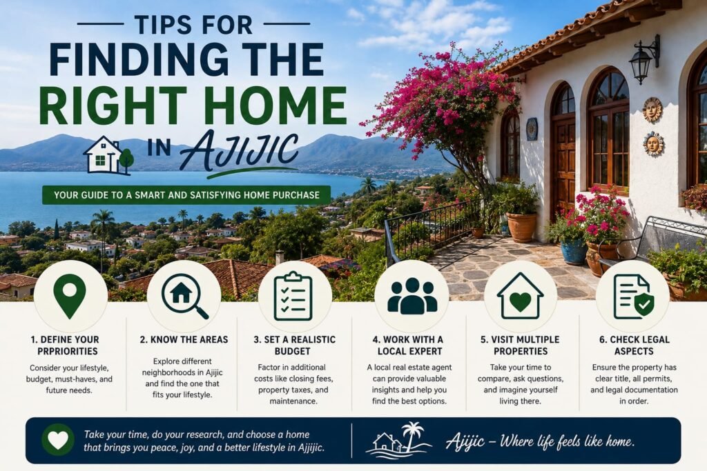Ajijic Real Estate in Ajijic Jalisco Mexico home buyer's guide infographic titled "Tips for Finding the Right Home in Ajijic," featuring a six-step advice process set against a beautiful Mexican villa terrace overlooking Lake Chapala.