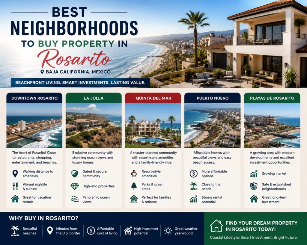 Rosarito Mexico Real Estate infographic showcasing the best neighborhoods to buy property, including beachfront communities, luxury homes, and investment opportunities along the Baja California coast.