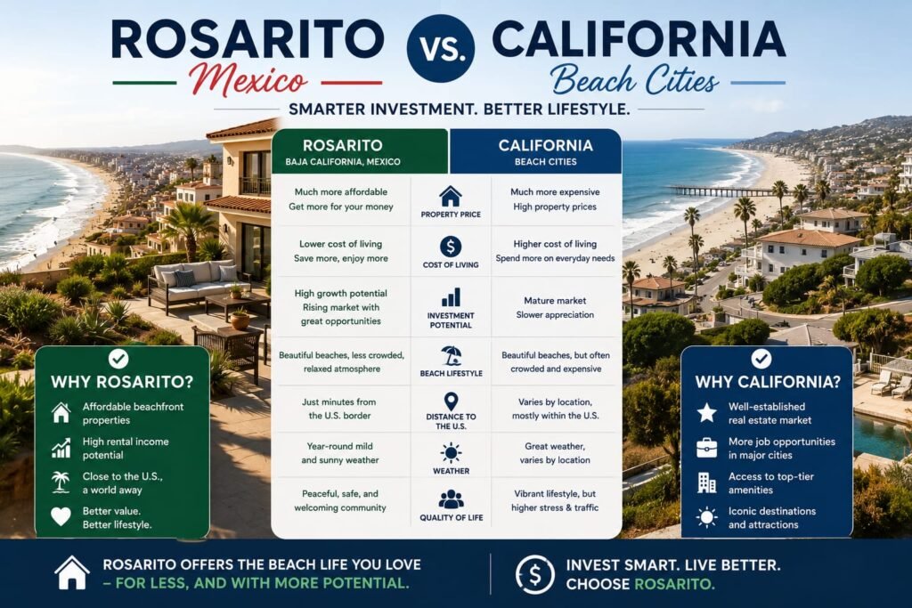 Rosarito Mexico Real Estate comparison infographic showing Rosarito and California beach cities, highlighting differences in property prices, cost of living, investment potential, and coastal lifestyle.