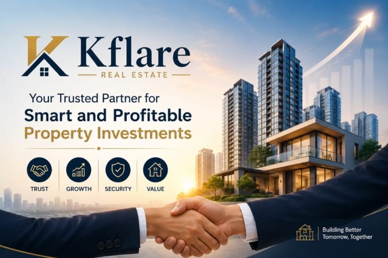 Kflare Real Estate promotional banner showing modern luxury buildings, a premium house, and a handshake symbolizing trusted and profitable property investments.