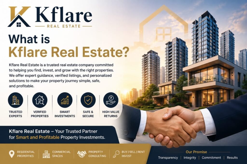 Kflare Real Estate infographic banner explaining trusted real estate services, verified properties, smart investments, and profitable property solutions
