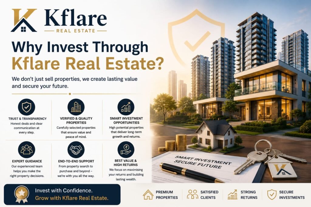 Modern real estate investment banner showing luxury buildings, a stylish house, property keys, coins, and documents highlighting the benefits of investing through Kflare Real Estate.