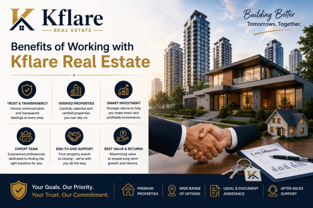 Real estate promotional infographic showing modern luxury buildings, a premium house, a handshake, keys, and property documents highlighting the benefits of working with Kflare Real Estate.