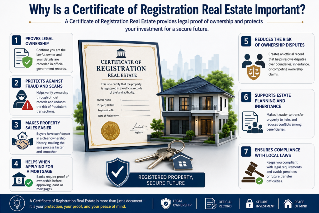 Infographic explaining why a Certificate of Registration Real Estate is important, highlighting legal ownership, fraud protection, mortgage approval, property sales, inheritance, and compliance with local laws.