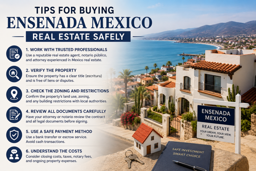 Ensenada Mexico Real Estate guide showing a coastal home and essential tips for buying property safely in Ensenada, Mexico