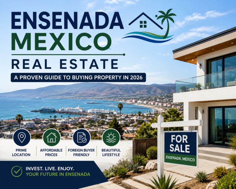 Ensenada Mexico Real Estate featured in a promotional image showing a modern luxury home overlooking the Ensenada coastline, marina, and ocean views, highlighting investment opportunities and coastal living in 2026.