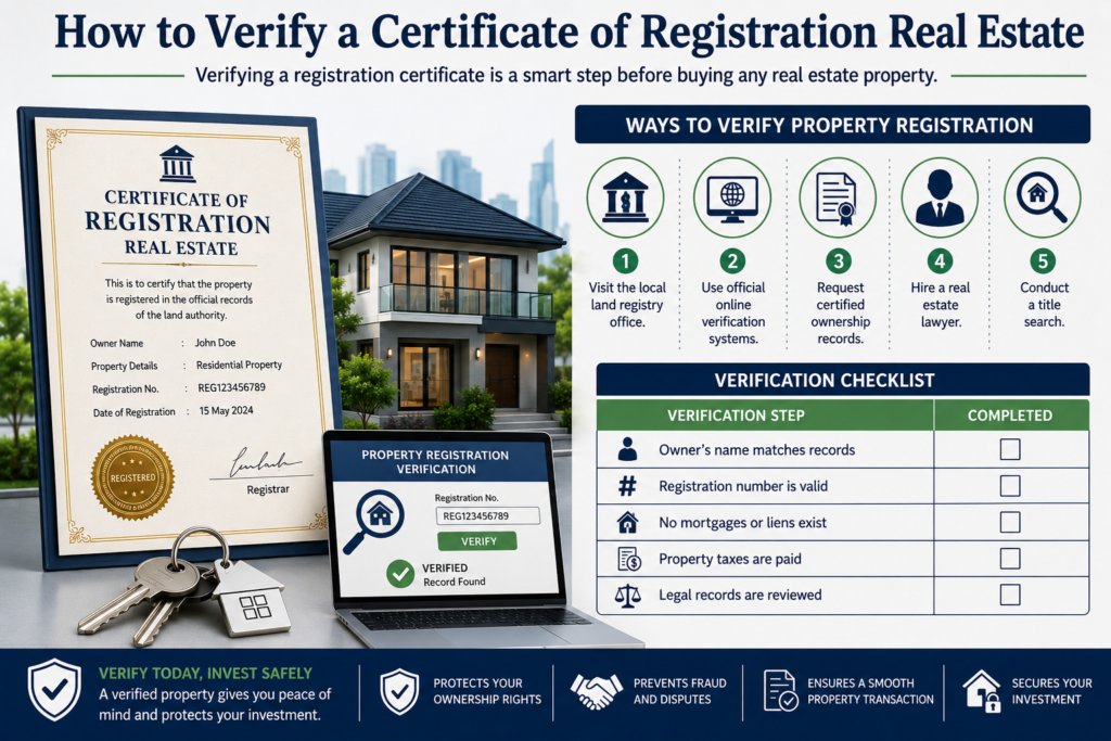 Infographic showing how to verify a Certificate of Registration Real Estate with property registration steps, ownership verification checklist, land registry search, title search, and legal document review.
