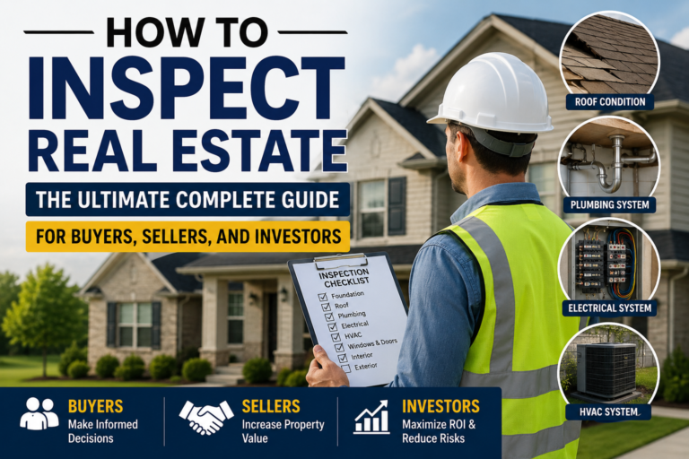 Professional real estate inspector evaluating a residential property with a detailed inspection checklist for buyers, sellers, and investors.