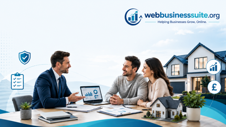 Mortgage broker meeting with a young couple in a modern office to discuss Vida Home Loans intermediary mortgage options, with loan documents, a laptop showing home loan charts, a model house, and financial planning icons in the background.