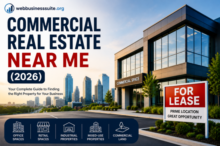 Commercial Real Estate Near Me (2026) featuring a modern office building with a for lease sign and the WebBusinessSuite.org logo.