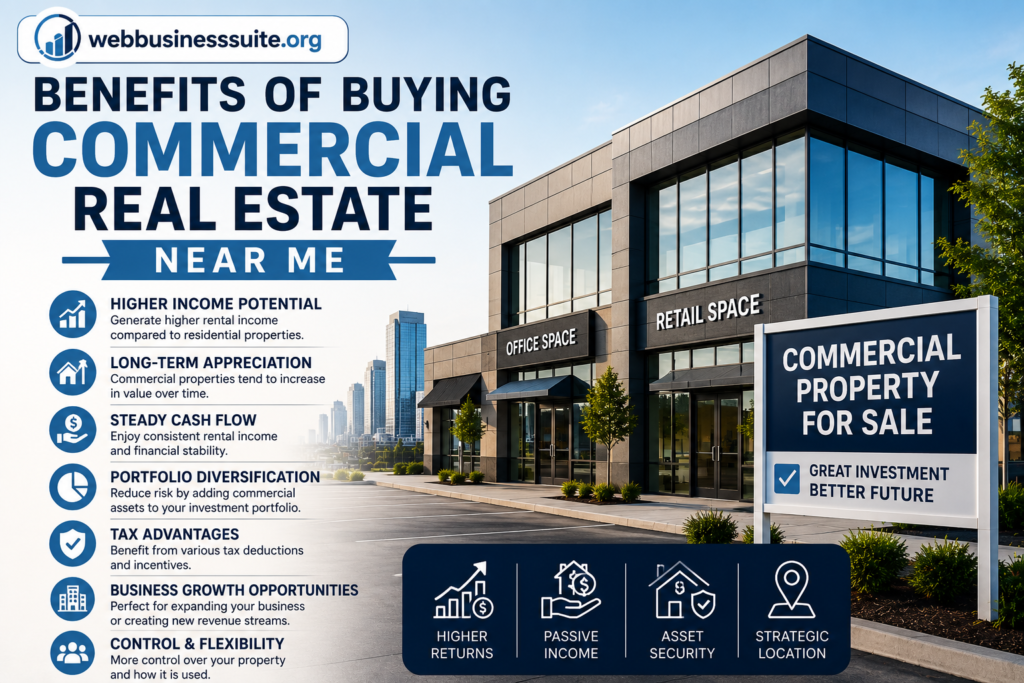 Benefits of Buying Commercial Real Estate Near Me with a modern office building, commercial property for sale sign, and WebBusinessSuite.org branding.