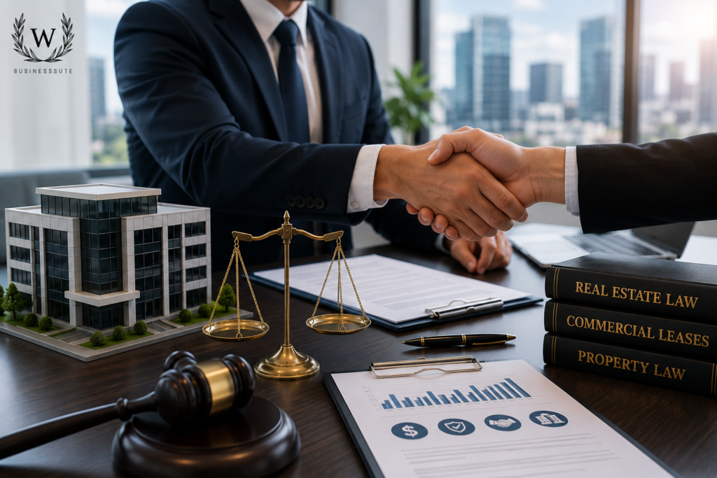 Business professionals shaking hands after a successful commercial real estate agreement with legal documents, property model, gavel, and law books in a modern office.