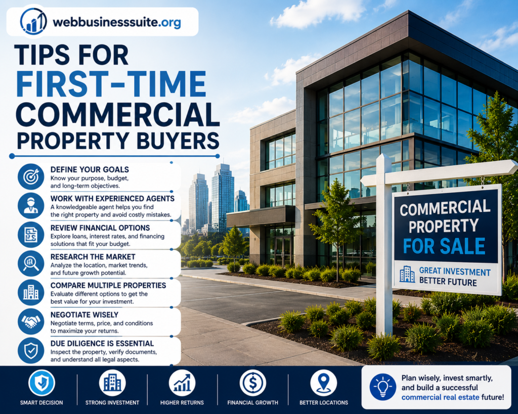 Tips for First-Time Commercial Property Buyers featuring a modern commercial building, property for sale sign, and WebBusinessSuite.org logo.