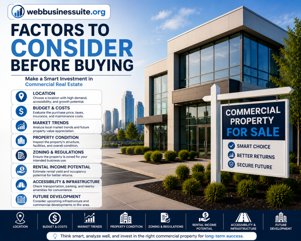 Factors to Consider Before Buying Commercial Real Estate Near Me featuring a modern commercial building, property for sale sign, and WebBusinessSuite.org logo.