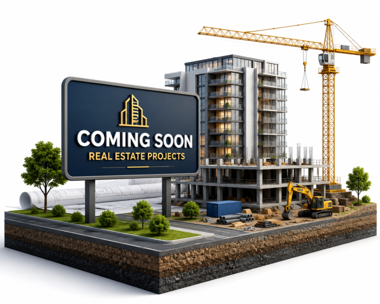 3D cutaway illustration of coming soon real estate projects featuring a modern building under construction with crane, construction equipment, and development site.