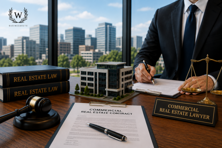 Commercial real estate lawyer reviewing legal documents with commercial property model, contract, law books, and gavel in a modern office.